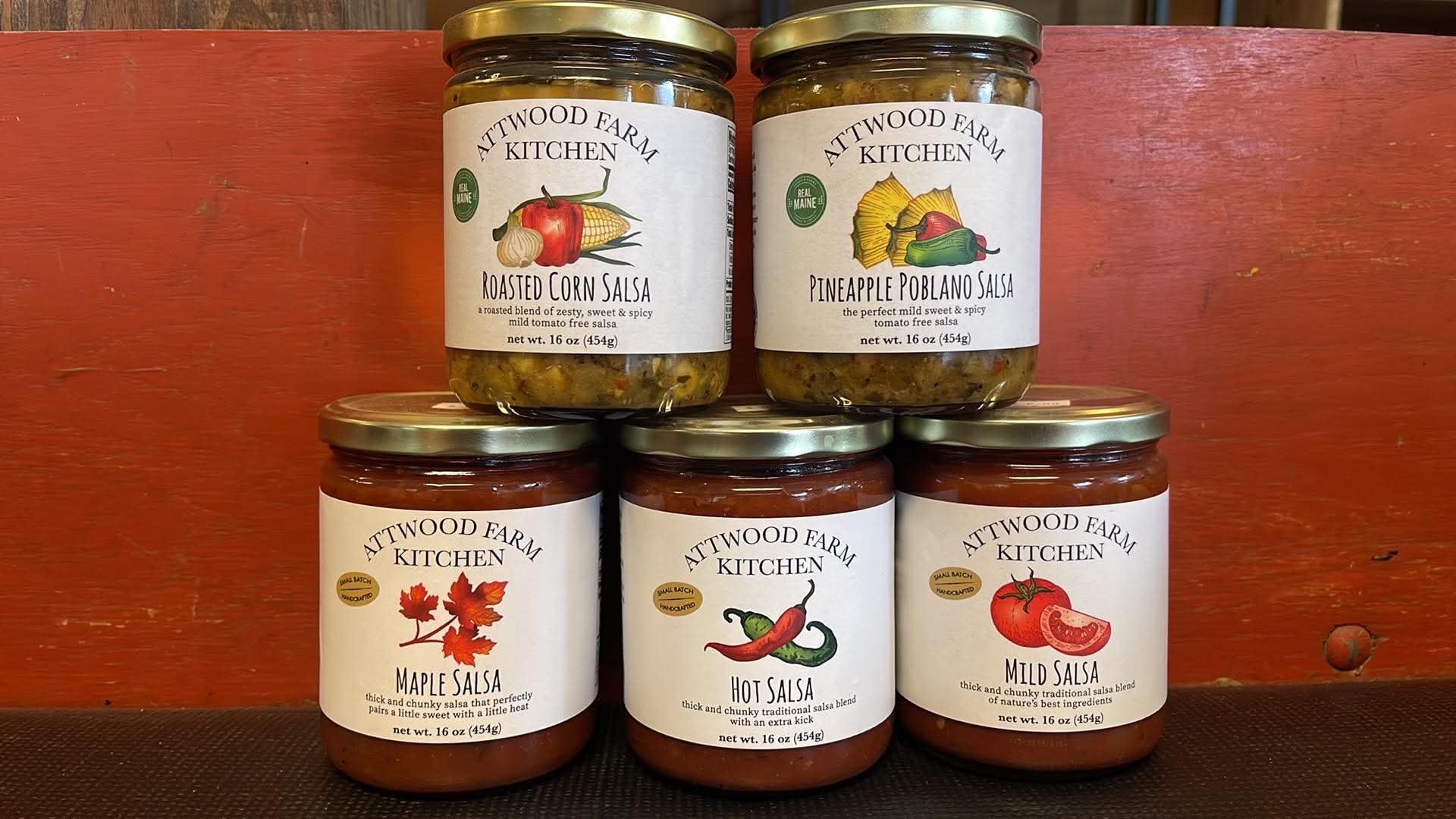 Attwood Farm Kitchen salsa jars including Mild Salsa, Hot Salsa, Maple Salsa, Pineapple Poblano Salsa, and Roasted Corn Salsa