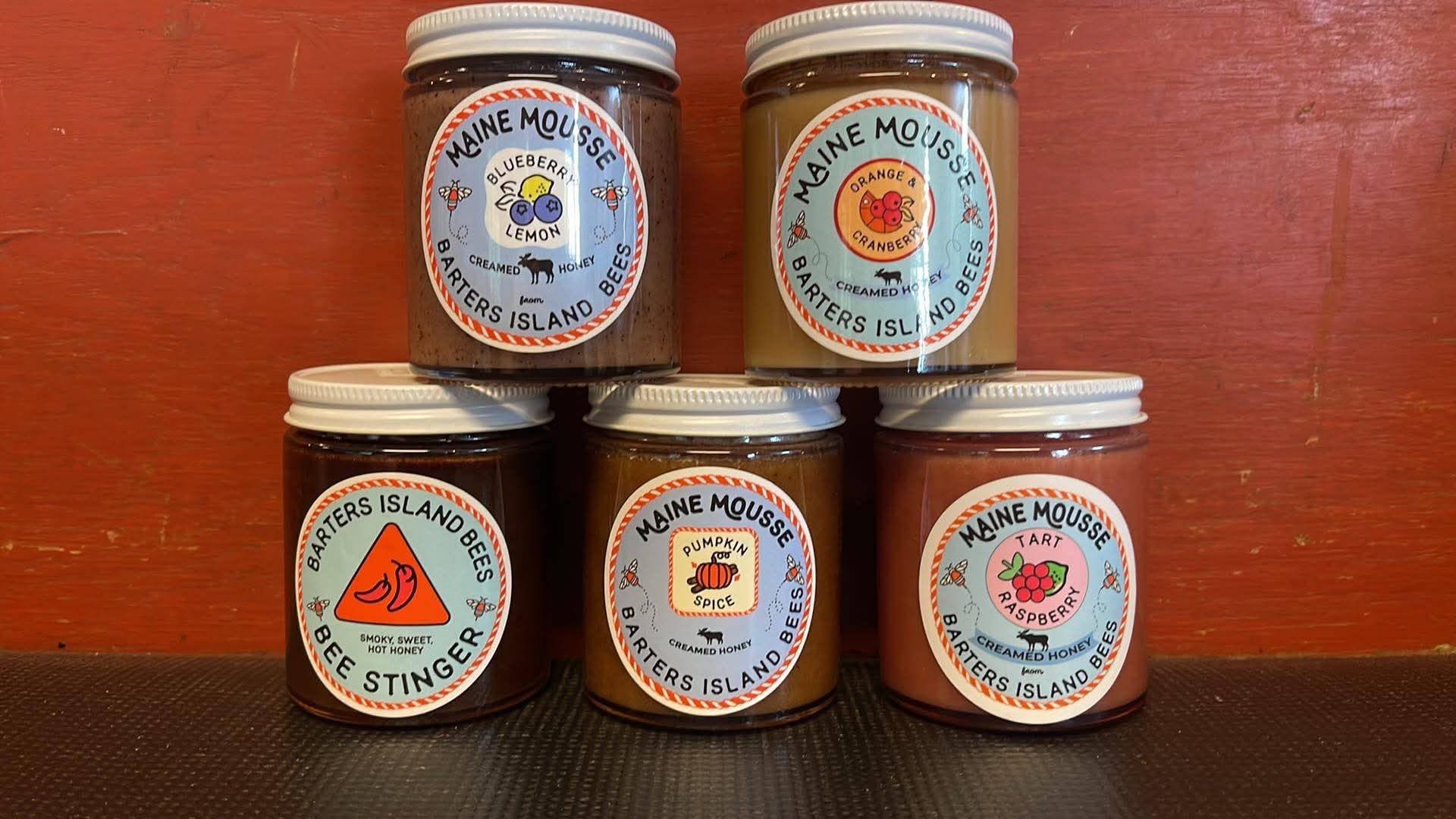 Maine Mousse Barters Island Bees creamed honey jars in assorted flavors