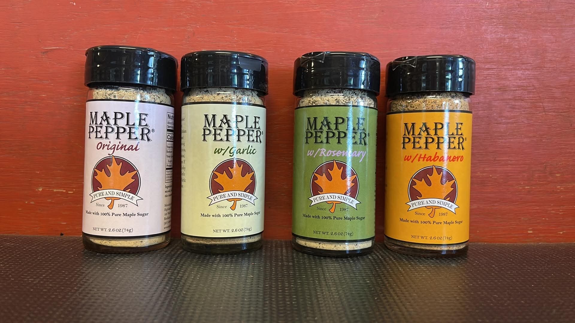 Maple Pepper seasoning jars in Original, Garlic, Rosemary, and Habanero