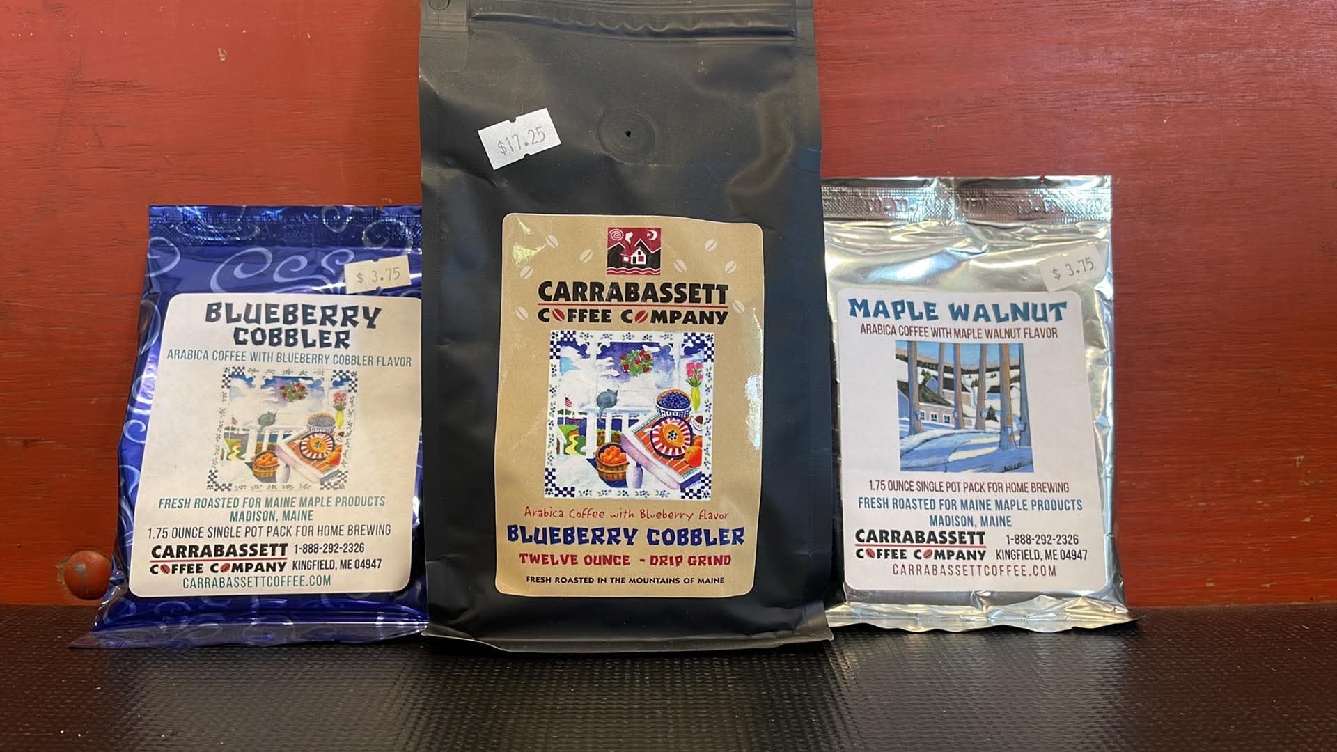 Carrabassett Coffee Company Blueberry Cobbler and Maple Walnut flavored coffee bags